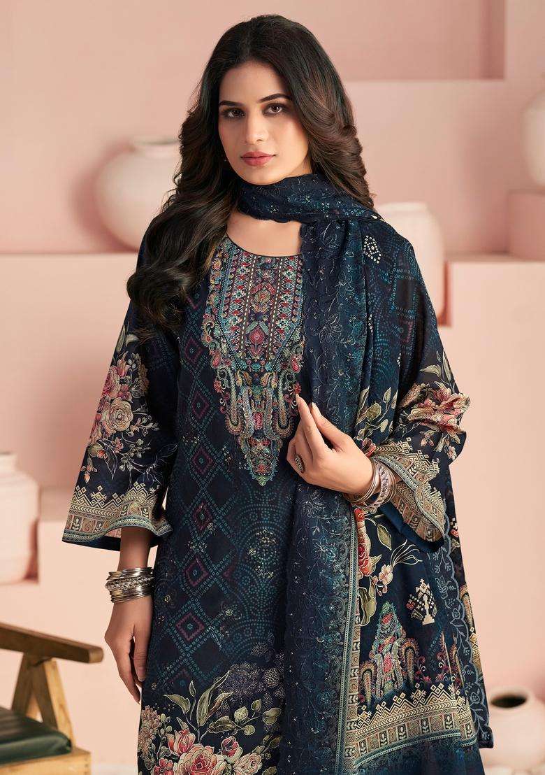Navy Blue Printed Cotton Straight Kurta Set - Indya