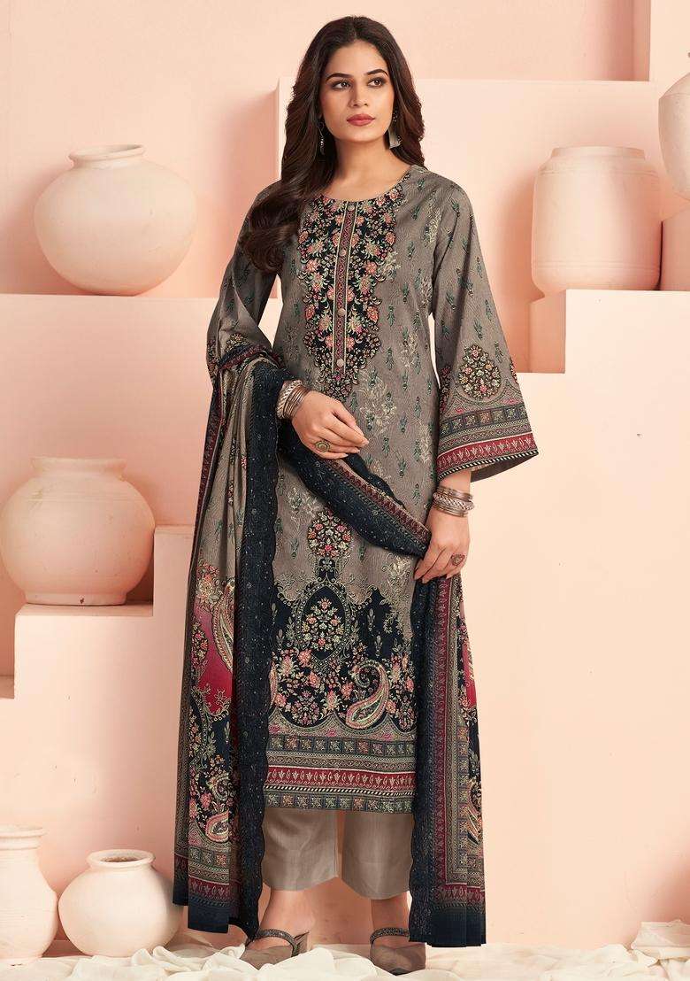 Grey Printed Cotton Straight Kurta Set - Indya