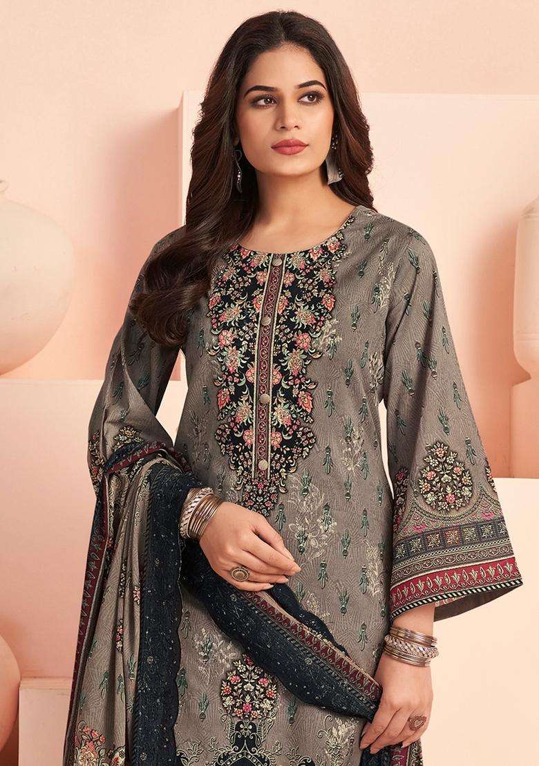 Grey Printed Cotton Straight Kurta Set - Indya