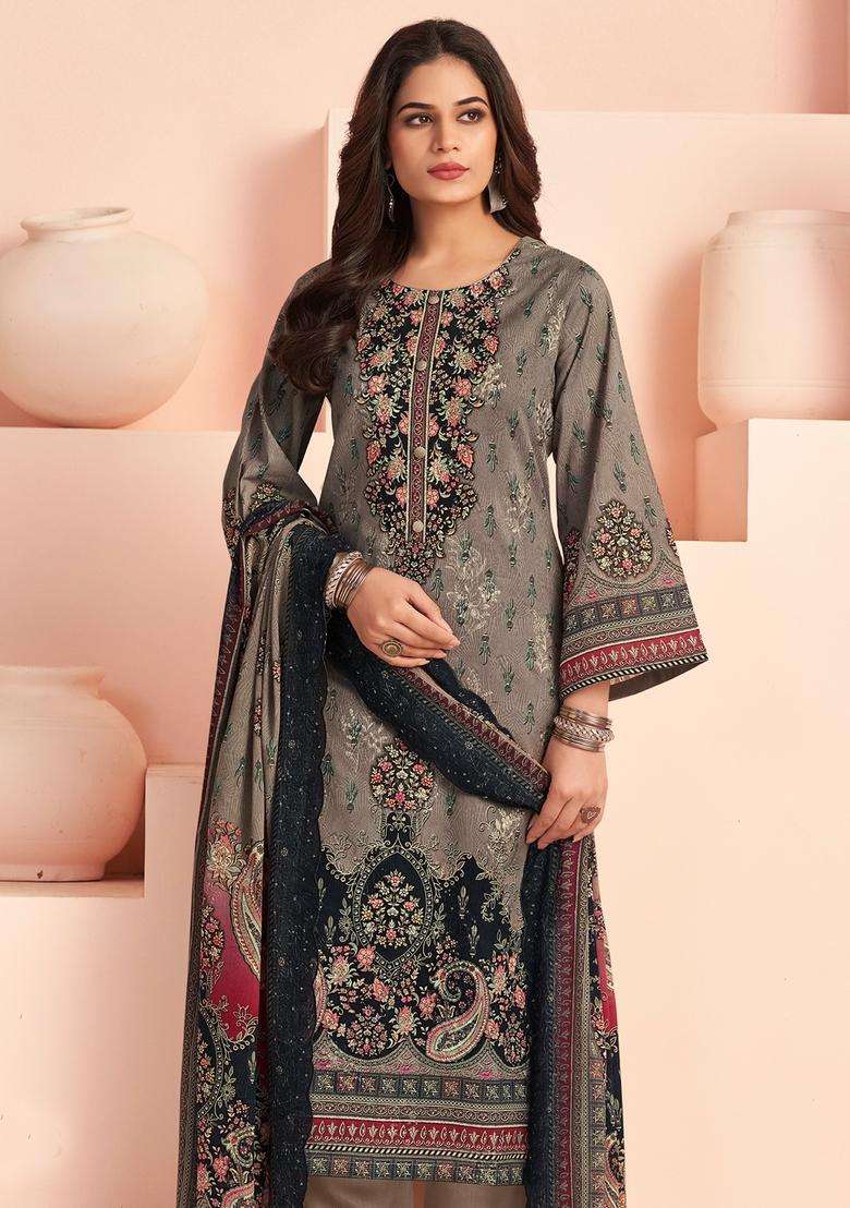Grey Printed Cotton Straight Kurta Set - Indya