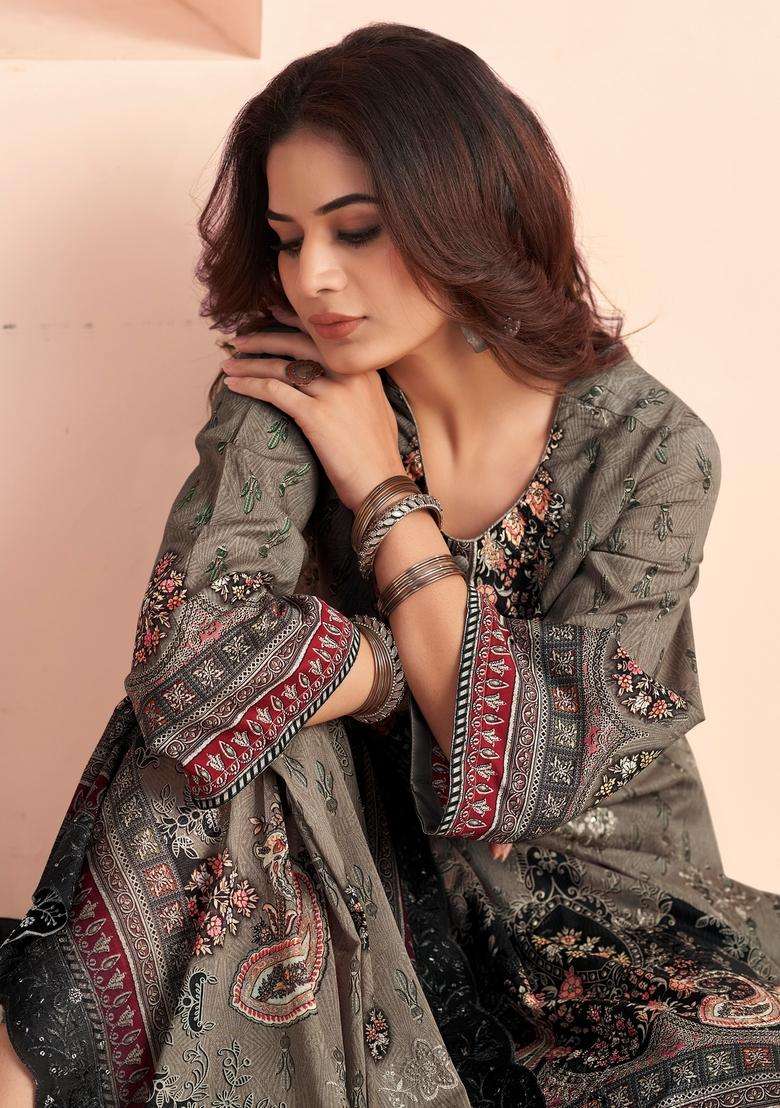 Grey Printed Cotton Straight Kurta Set - Indya
