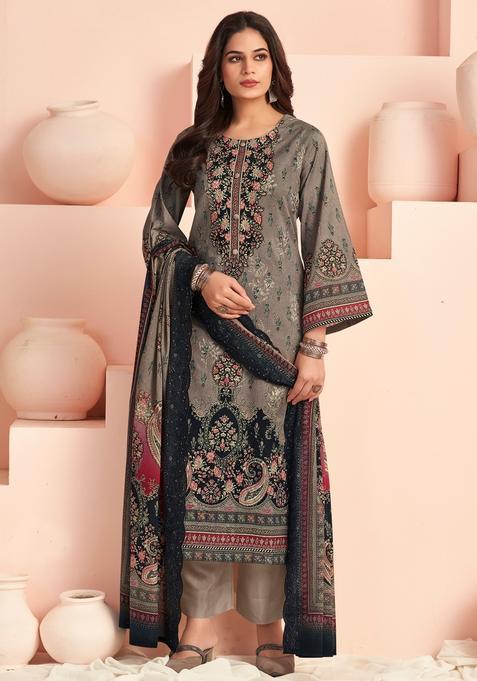 Grey Printed Cotton Kurta Set