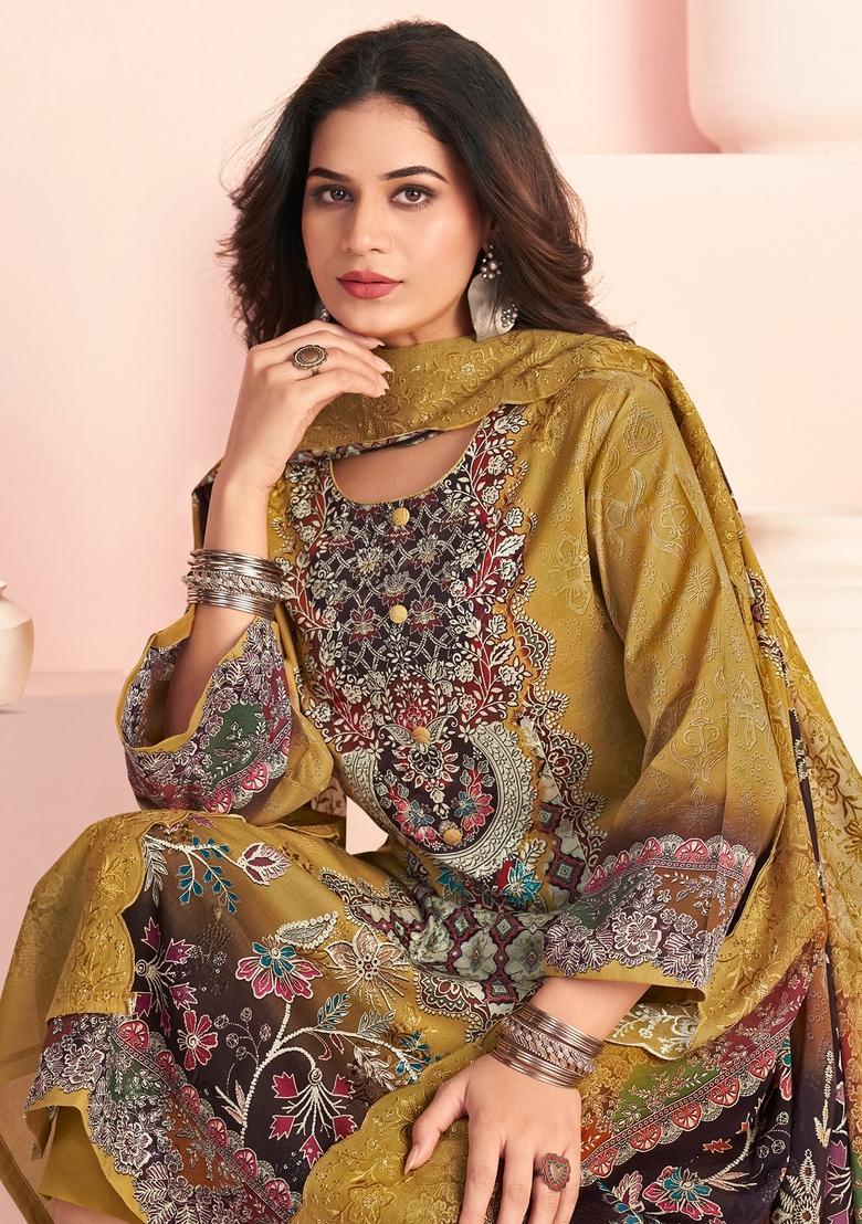 Mustard Printed Cotton Straight Kurta Set - Indya