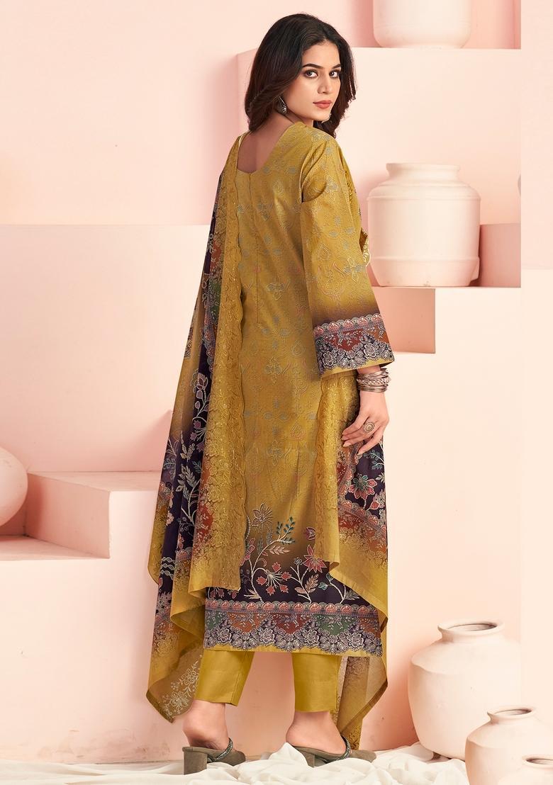 Mustard Printed Cotton Straight Kurta Set - Indya