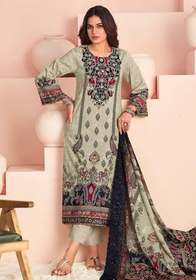 Off White Printed Cotton Straight Kurta Set