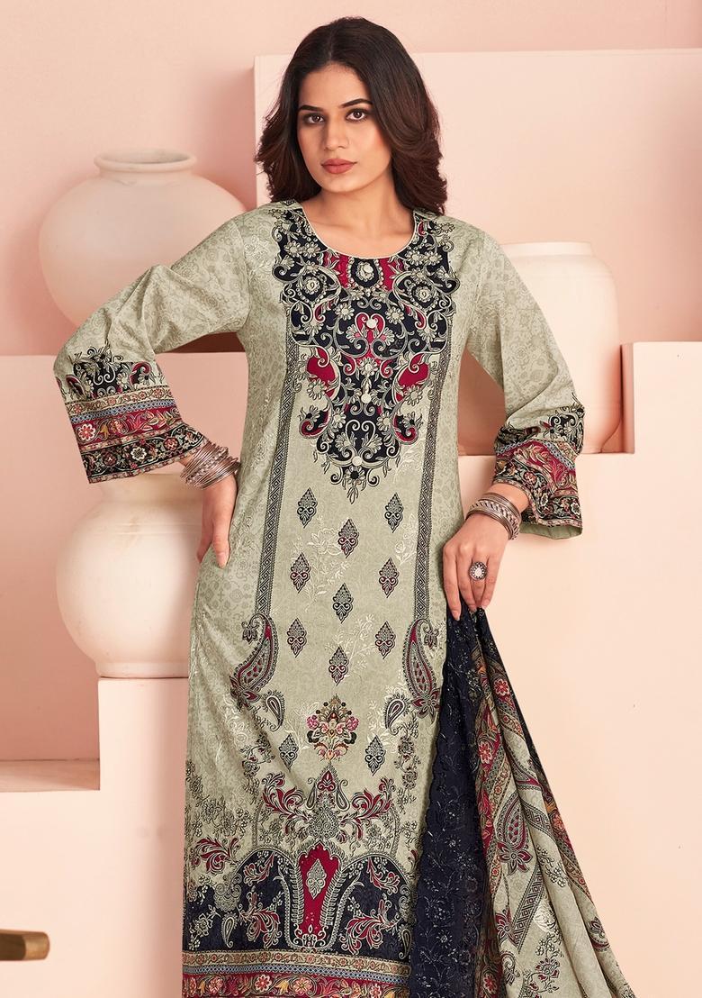 Off White Printed Cotton Straight Kurta Set - Indya