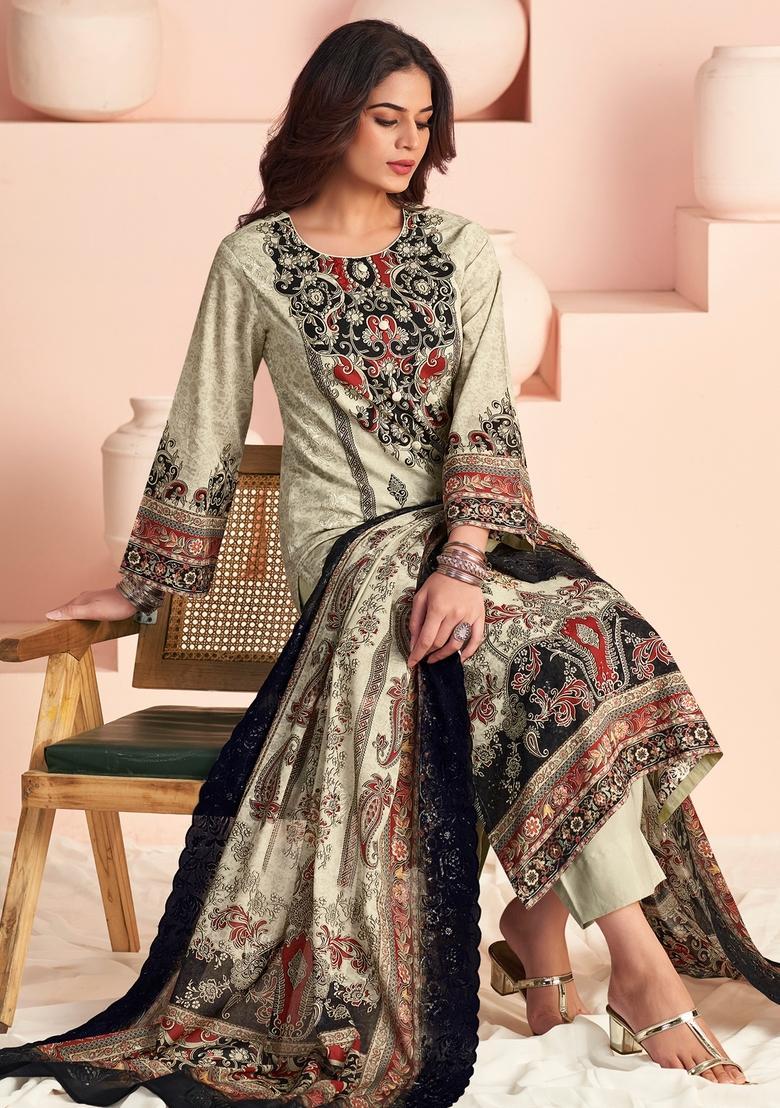 Off White Printed Cotton Straight Kurta Set - Indya