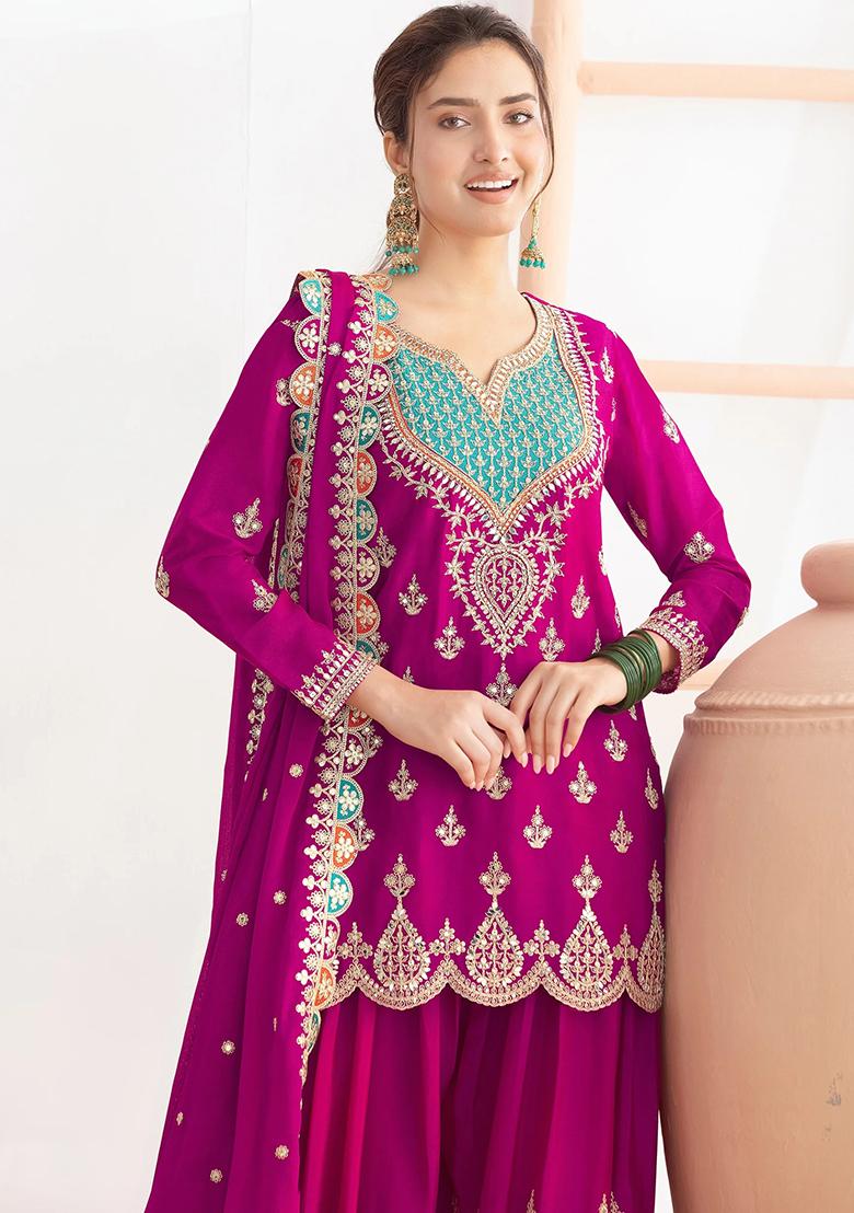Magenta Embroidery Chinon Sharara Set - Indya