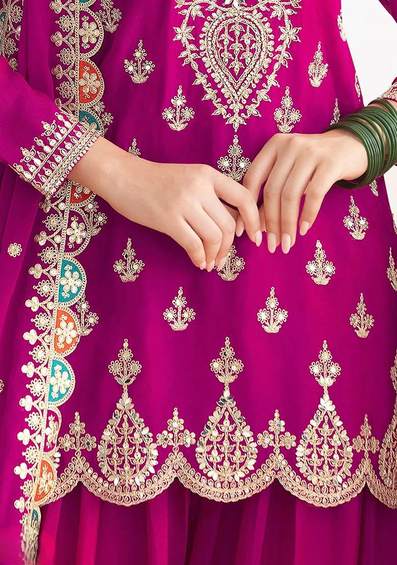 Magenta Embroidered Chinon Sharara Set - Indya