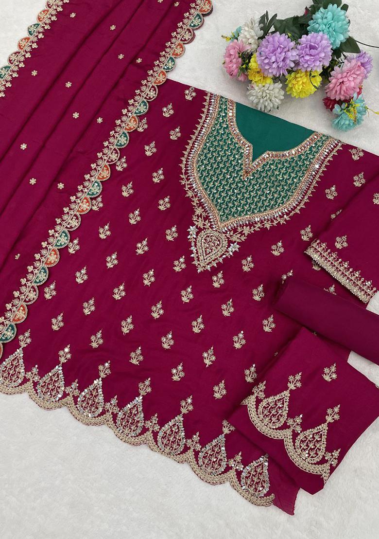 Magenta Embroidery Chinon Sharara Set - Indya