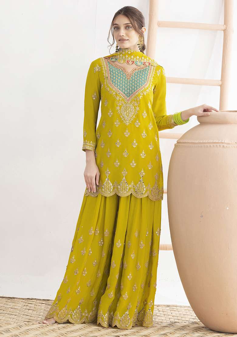 Lime Embroidered Chinon Sharara Set - Indya