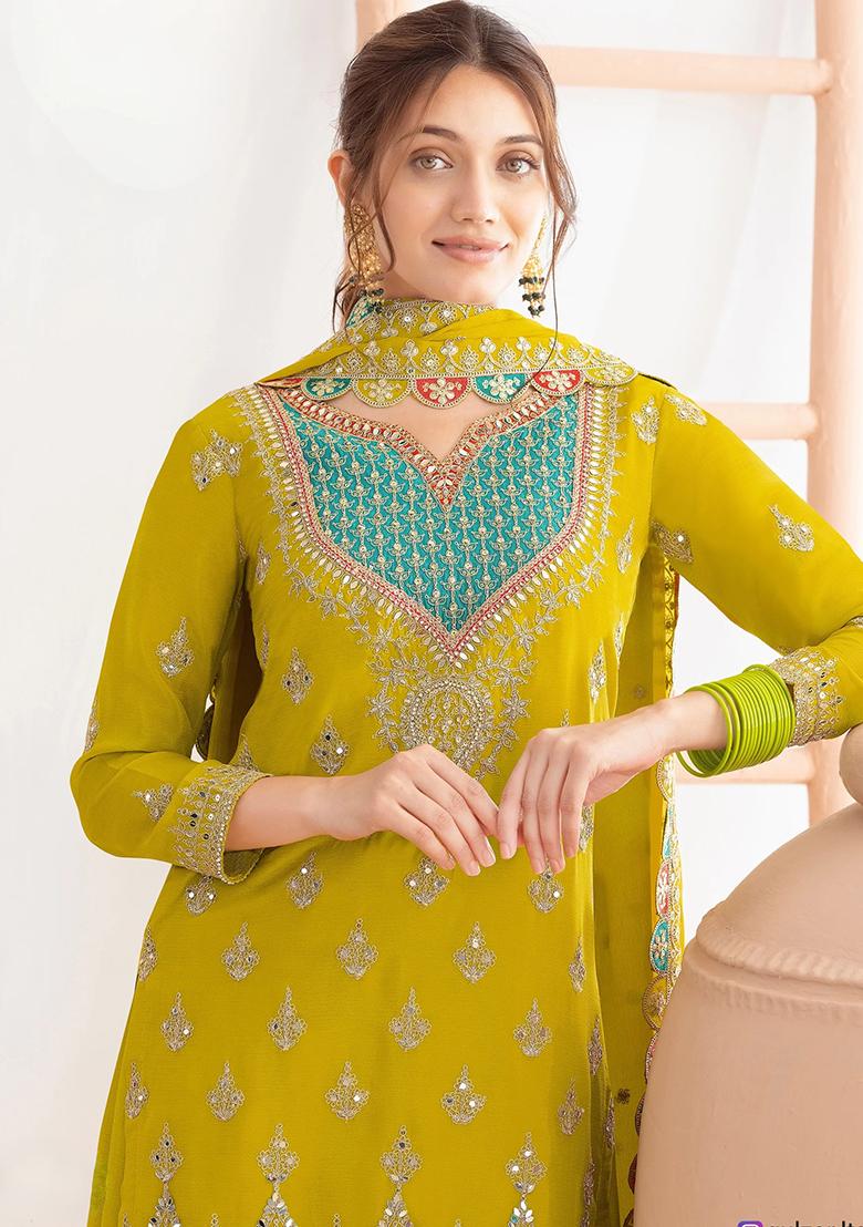 Lime Embroidery Chinon Sharara Set - Indya