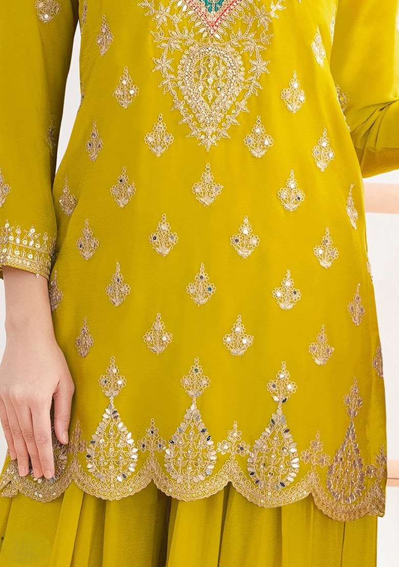 Lime Embroidered Chinon Sharara Set - Indya