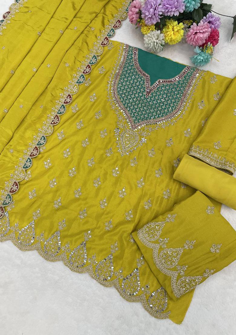 Lime Embroidery Chinon Sharara Set - Indya