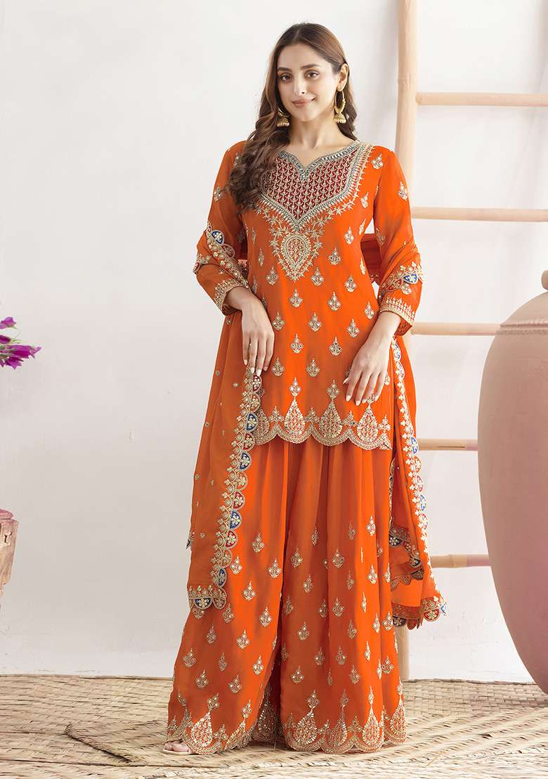 Orange Embroidered Chinon Sharara Set - Indya