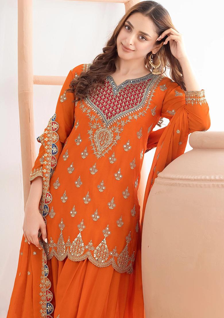 Orange Embroidery Chinon Sharara Set - Indya