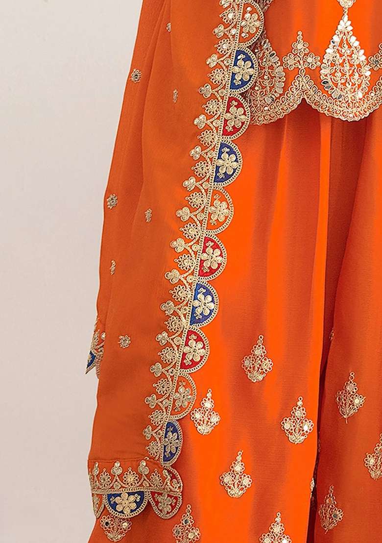 Orange Embroidered Chinon Sharara Set - Indya