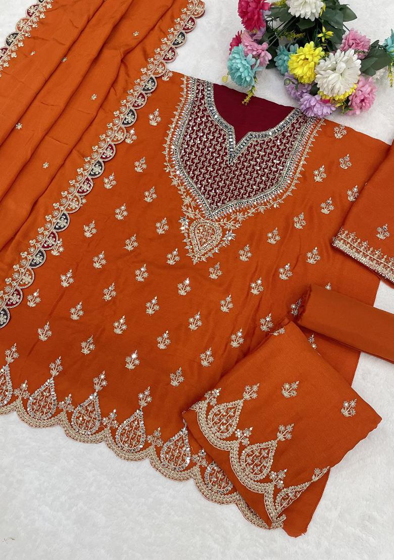 Orange Embroidery Chinon Sharara Set - Indya