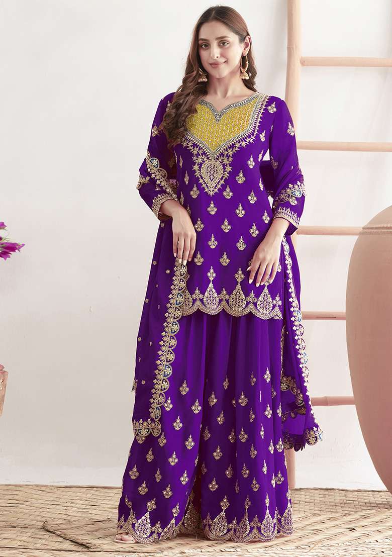 Blue Embroidered Chinon Sharara Set - Indya