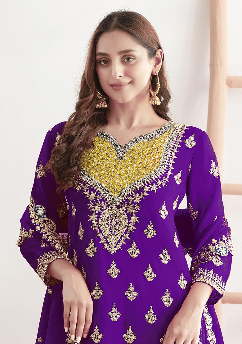 Blue Embroidery Chinon Sharara Set - Indya