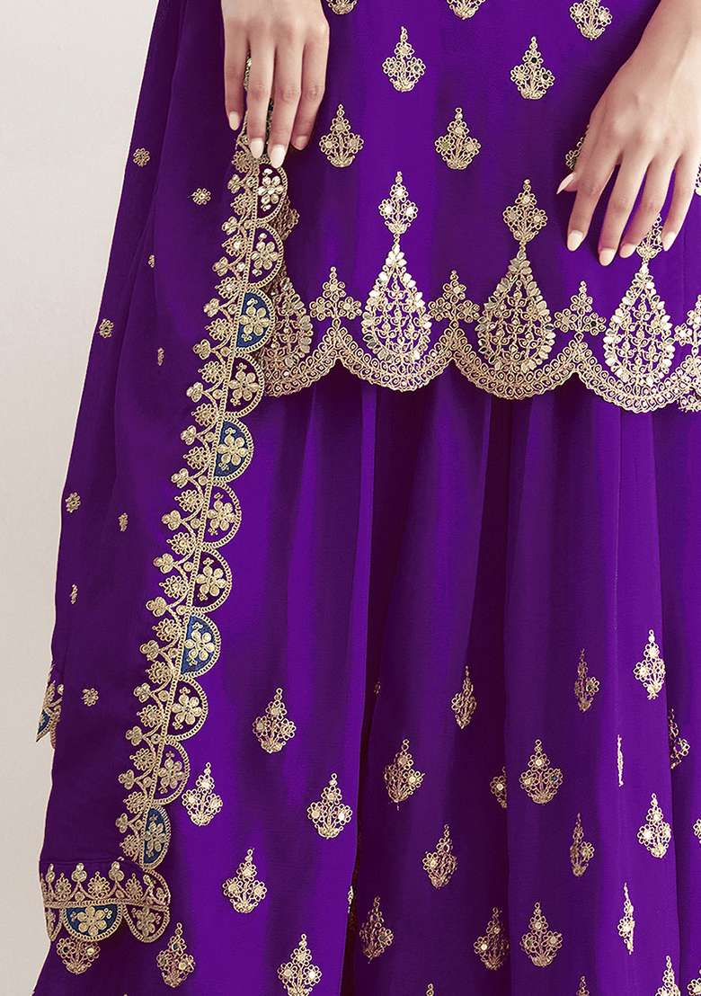 Blue Embroidered Chinon Sharara Set - Indya