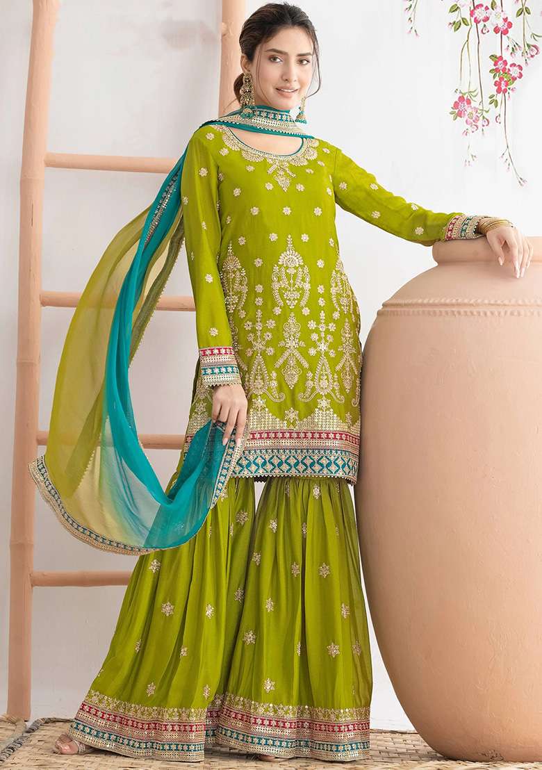 Lime Embroidered Chinon Sharara Set - Indya