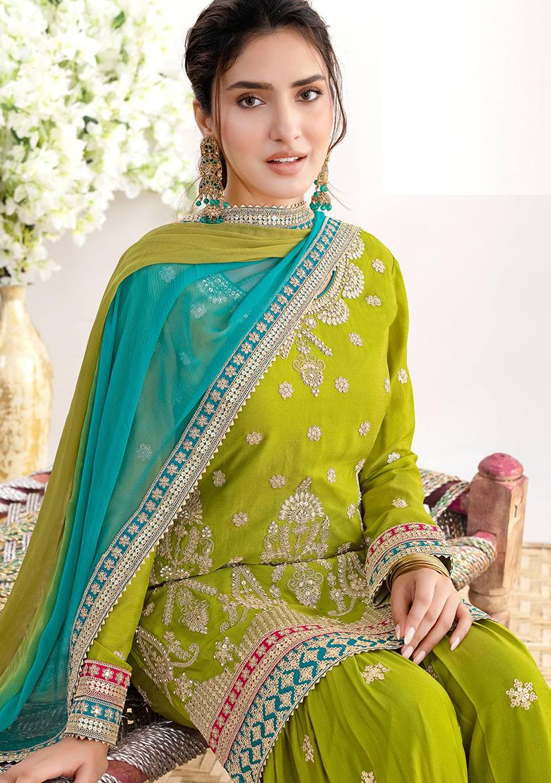 Lime Embroidery Chinon Sharara Set - Indya