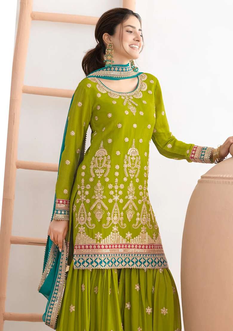 Lime Embroidered Chinon Sharara Set - Indya