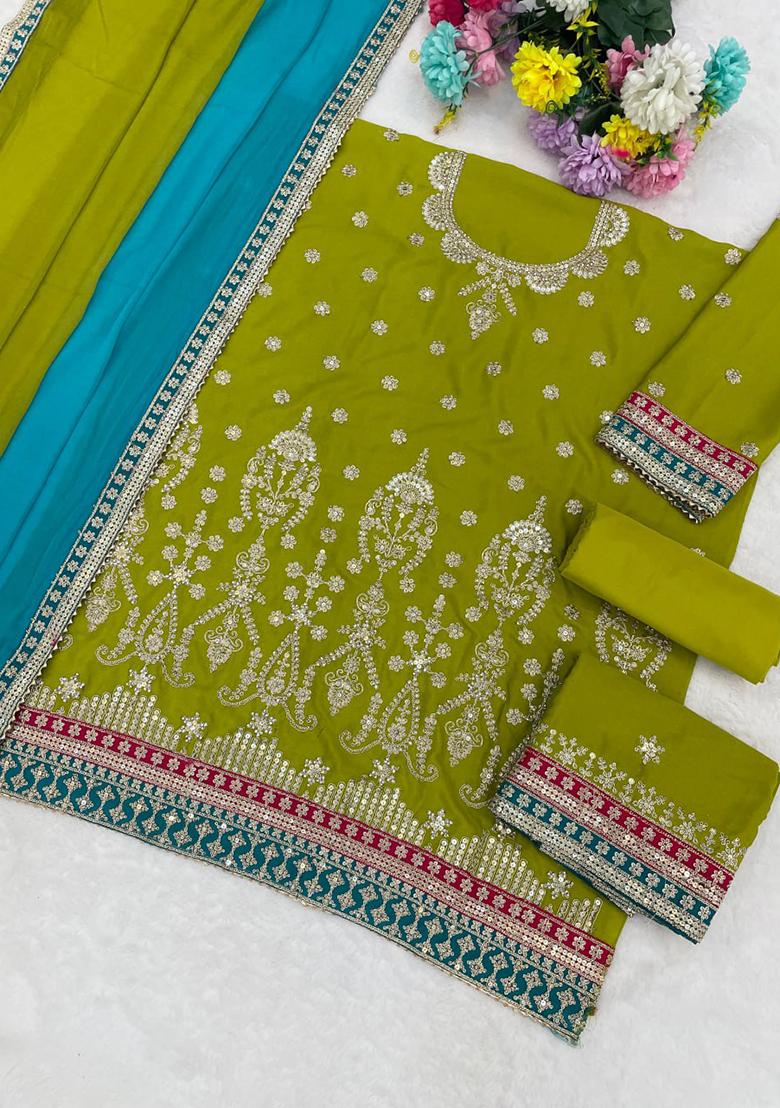 Lime Embroidery Chinon Sharara Set - Indya