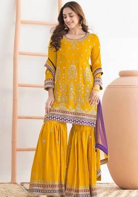 Yellow Embroidery Chinon Kurta Set