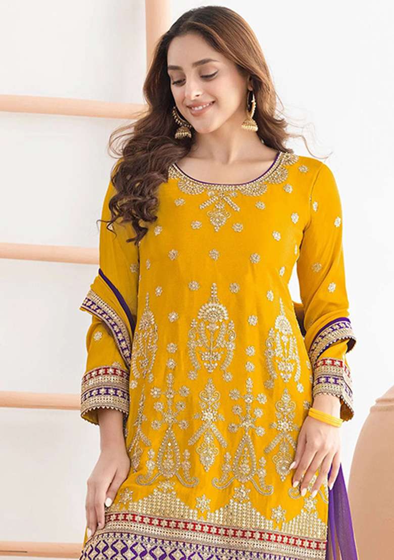 Yellow Embroidered Chinon Sharara Set - Indya