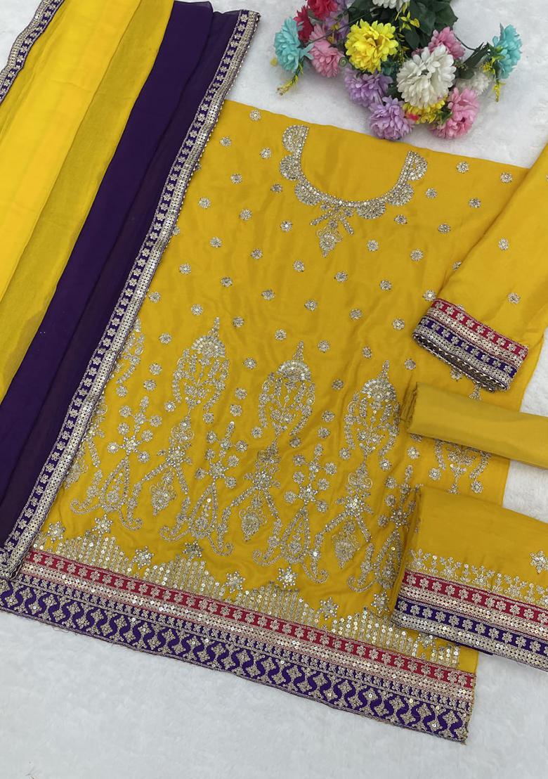 Yellow Embroidery Chinon Sharara Set - Indya