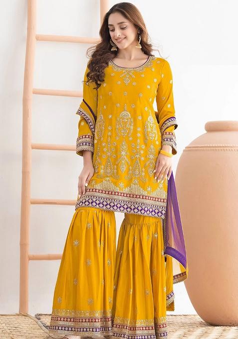 Yellow Embroidery Chinon Sharara Set