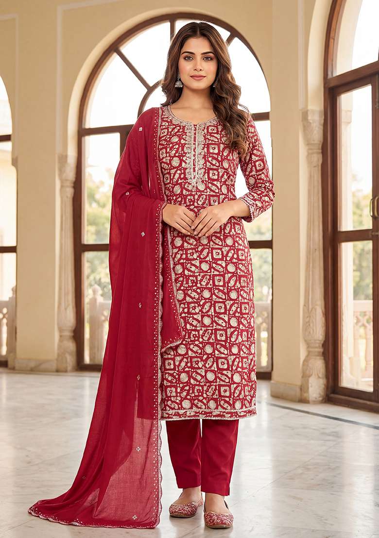 Maroon Printed Rayon Straight Kurta Set - Indya