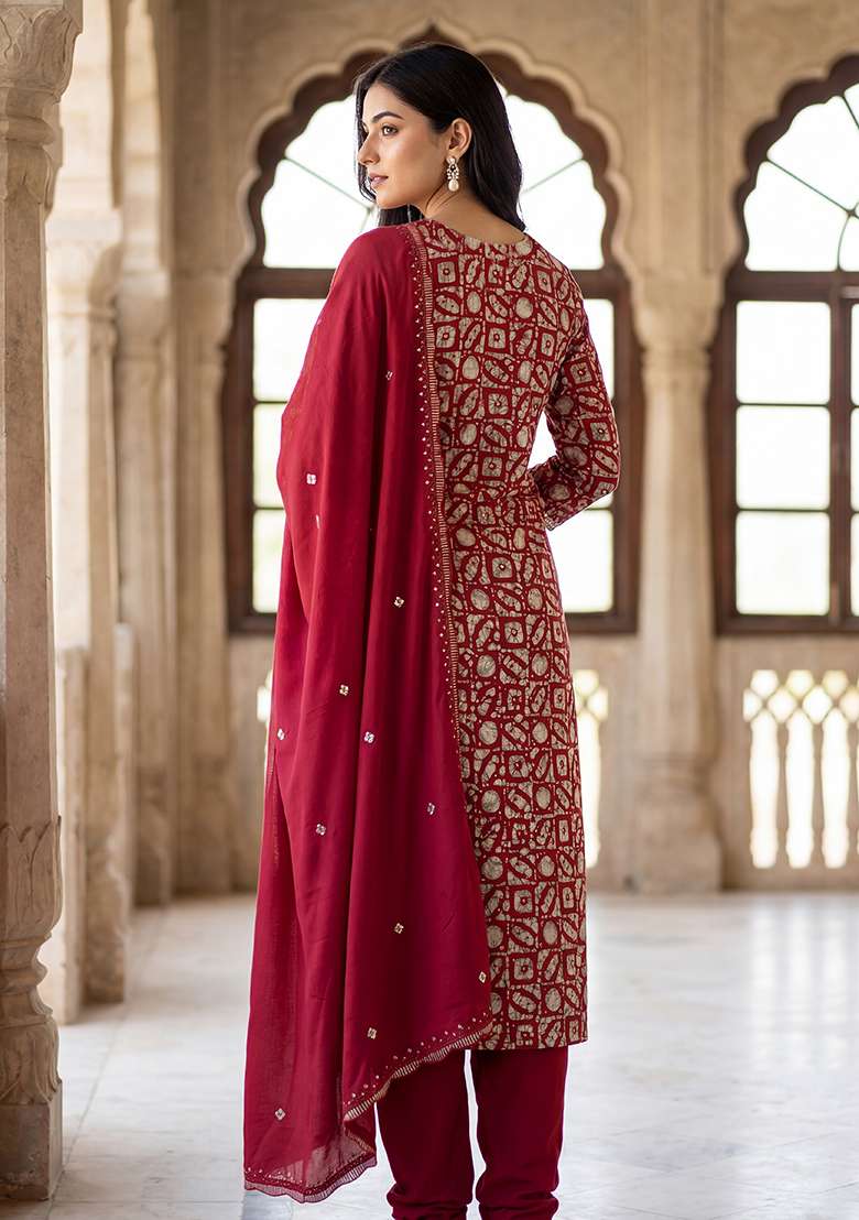 Maroon Printed Rayon Straight Kurta Set - Indya