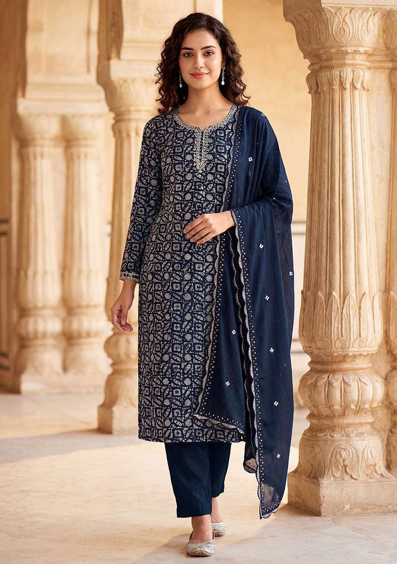 Navy Blue Printed Rayon Straight Kurta Set - Indya
