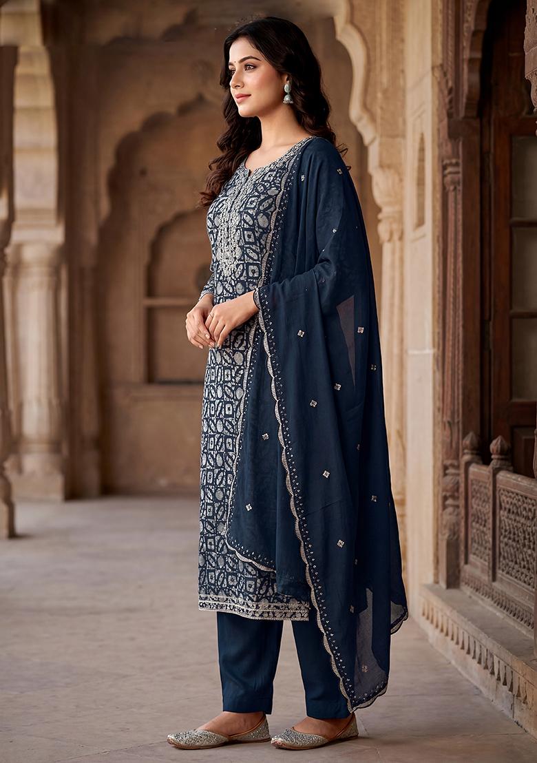 Navy Blue Hand Khatli Work Rayon Straight Kurta Set - Indya
