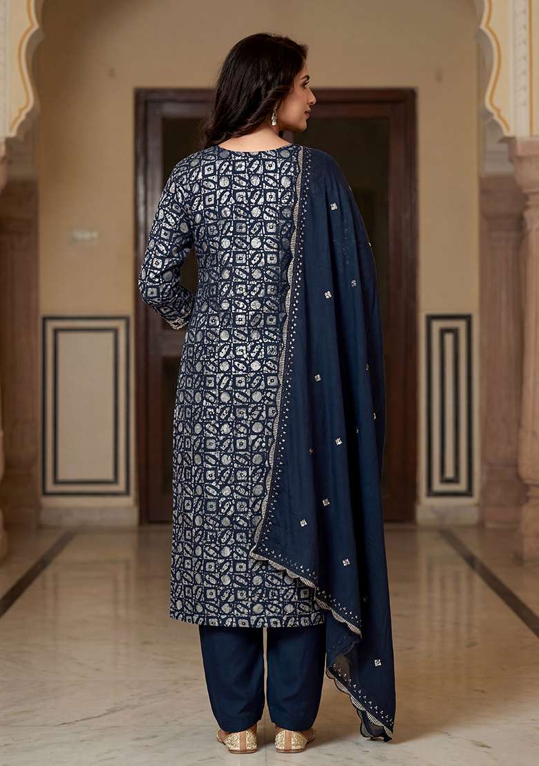 Navy Blue Printed Rayon Straight Kurta Set - Indya