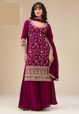 Purple Embroidery Silk Sharara Set