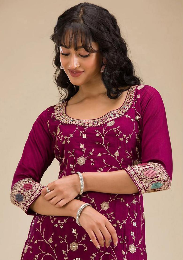 Purple Embroidery Silk Sharara Set - Indya