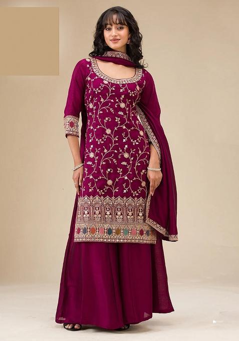 Purple Embroidery Silk Sharara Set