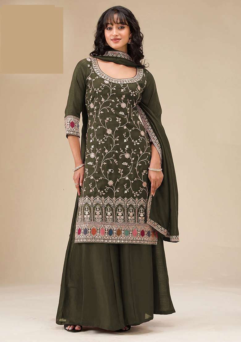 Olive Embroidered Silk Blend Sharara Set - Indya