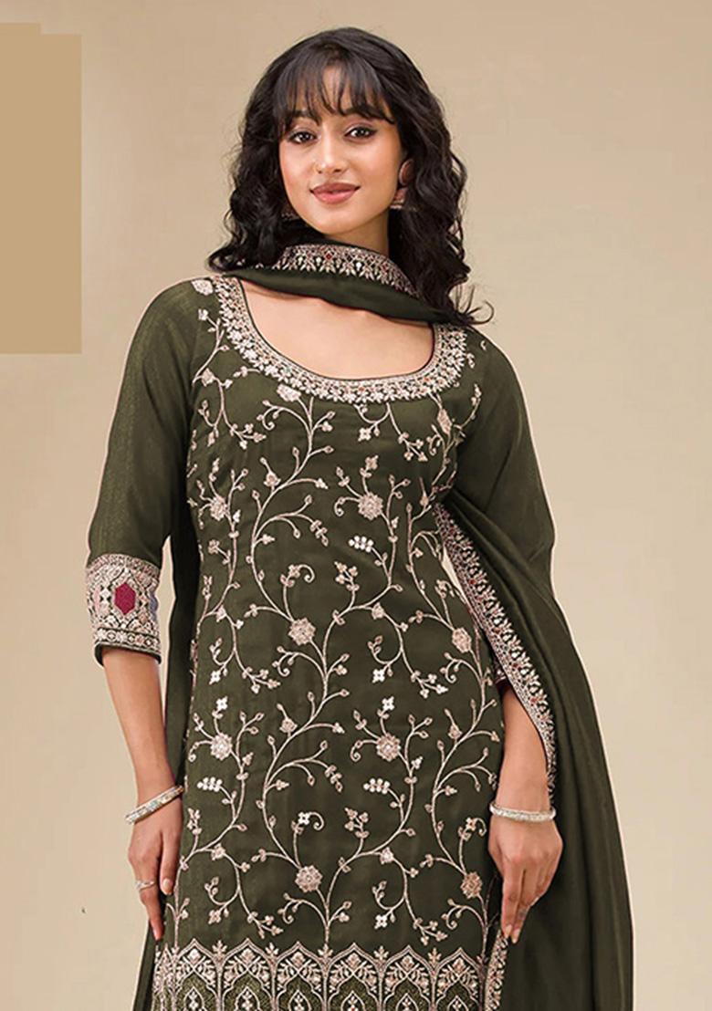 Olive Embroidery Silk Sharara Set - Indya