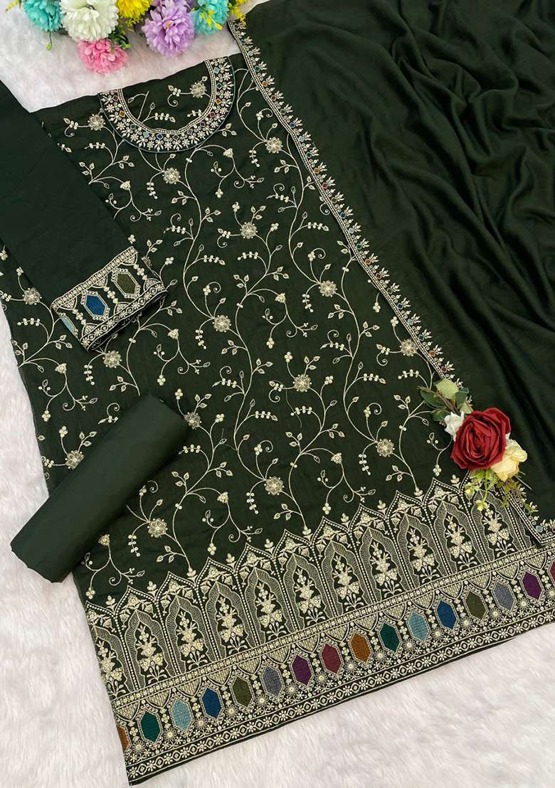Olive Embroidered Silk Blend Sharara Set - Indya
