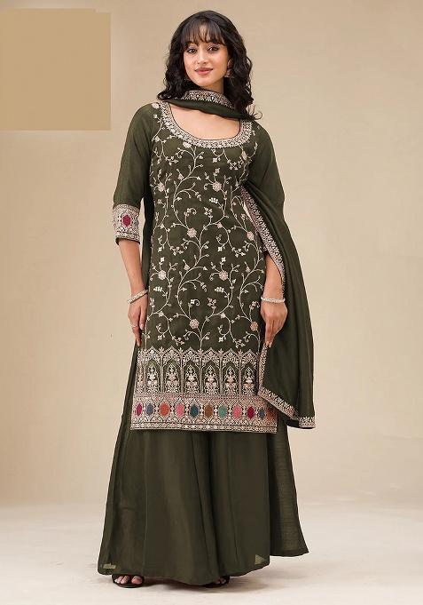 Olive Embroidery Silk Sharara Set