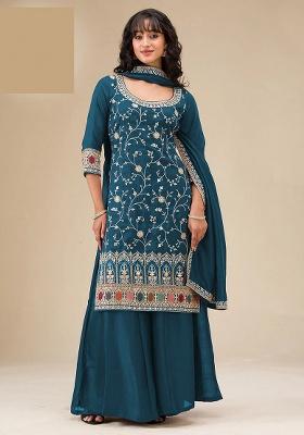 Morpeach Embroidery Silk Sharara Set