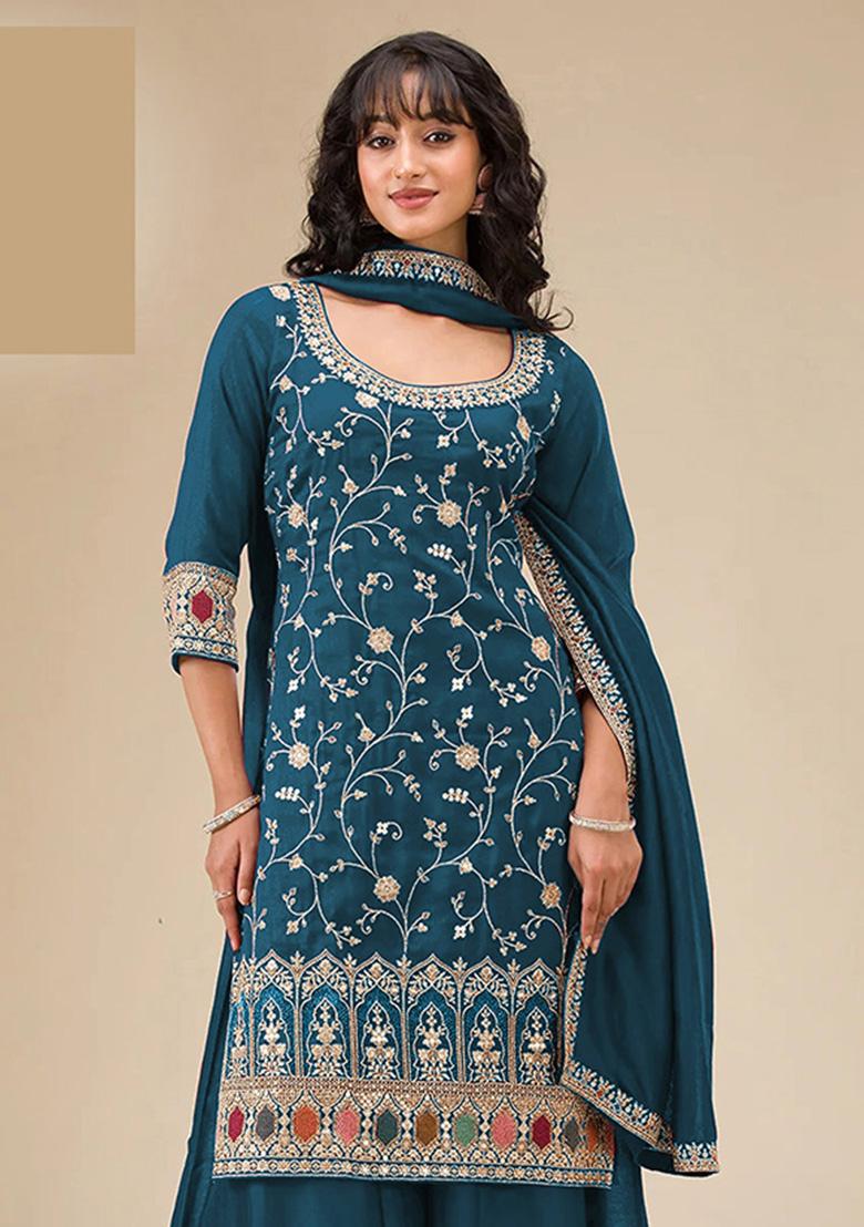 Morpeach Embroidery Silk Sharara Set - Indya