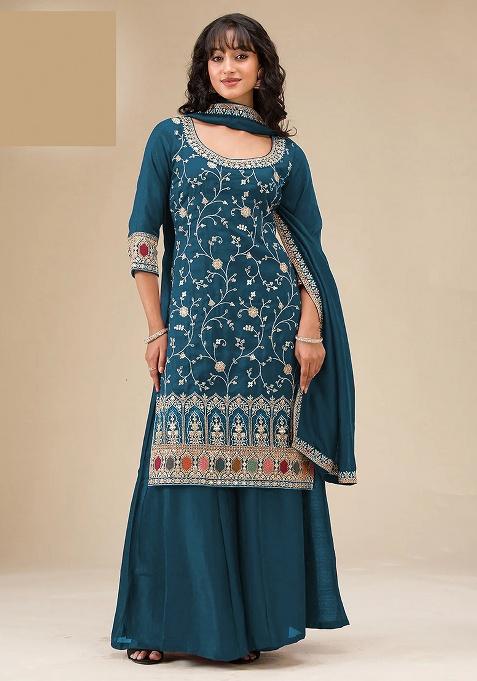 Morpeach Embroidery Silk Sharara Set