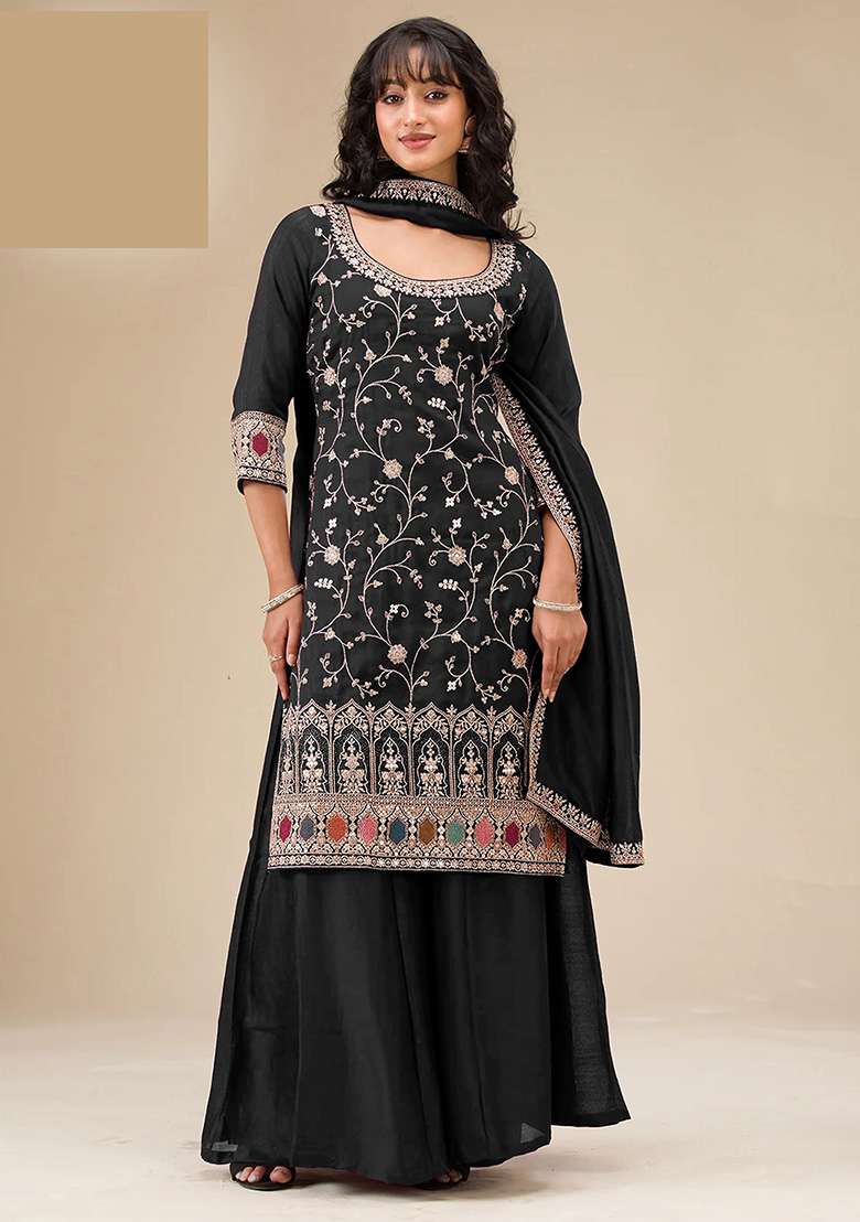 Black Embroidered Silk Blend Sharara Set - Indya