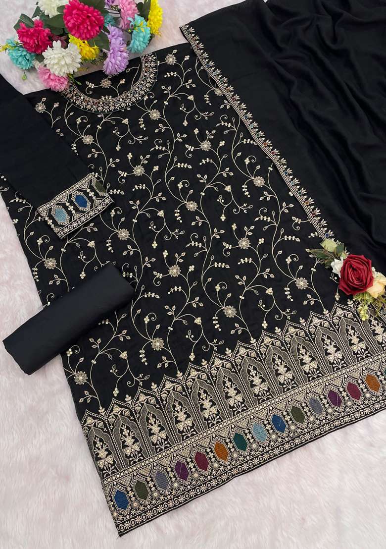 Black Embroidered Silk Blend Sharara Set - Indya